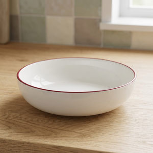Bol de service en céramique rond blanc avec bord rouge, design minimaliste, passe au lave-vaisselle, vaisselle de cuisine - Product Image 1