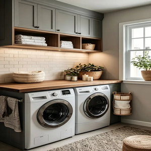 Ensemble <span class=keywords><strong>de</strong></span> meubles <span class=keywords><strong>de</strong></span> buanderie en bois encastrés <span class=keywords><strong>de</strong></span> luxe |   Meuble <span class=keywords><strong>de</strong></span> rangement compact <span class=keywords><strong>pour</strong></span> lave-linge et sèche-linge avec portes à fermeture douce <span class=keywords><strong>pour</strong></span> maisons modernes et utilisation extérieure - Product Image 5