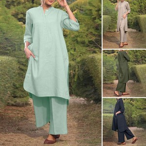 Ensemble 2 pièces en coton et lin pour femmes grandes tailles, col en V, manches 3/4, pantalon large, costume décontracté, SMLXL2XL3XL4XL5XL, couleur unie - Product Image 1