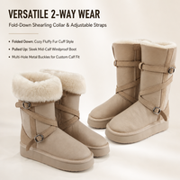 Bottes d'hiver pour femmes en cuir véritable mi-mollet avec col en fourrure de mouton, doublure en fausse fourrure, semelle plateforme pour les jours de neige