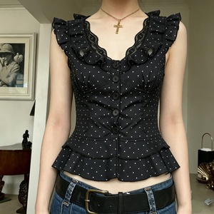 Blusa Casual de Manga Corta para Mujer, Tejida, Ecológica, Transpirable, con Estampado de Lunares, Bloques de Color, Encaje, Parches y Botones, Top de Verano - Product Image 1