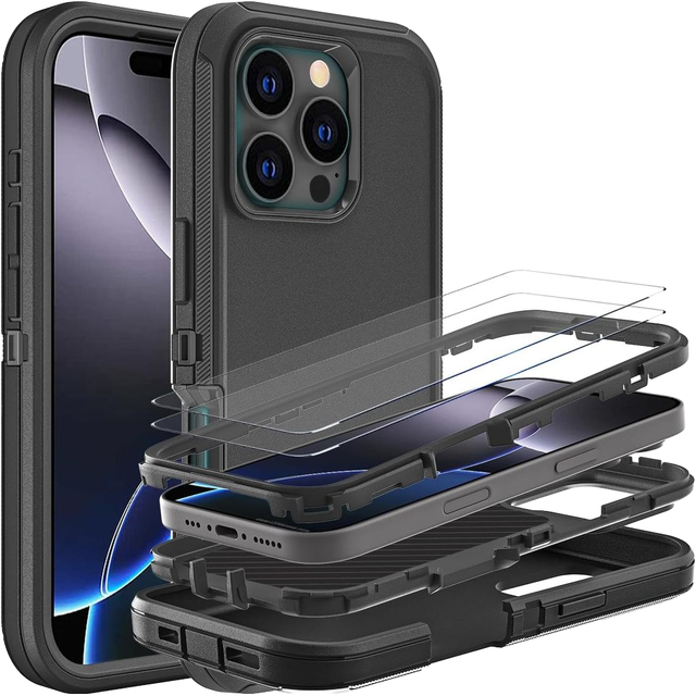 For iPhone 16 Pro Max Case Military Grade 3 1 Heavy Duty Shockproof/Drop Proof/Dust Proof Case 2Pcs Black/Black Tempered Glass