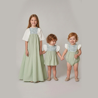 Tenues Assorties Sœur et Fille : Robe Longue Fille Vert Sauge à Motifs Floraux, Robe Courte à Manches Volantes, Barboteuse Bébé, Vêtements d'Été pour Enfants
