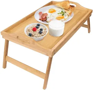 Bandeja de mesa de acacia de 3 piezas con patas plegables y asas, bandeja  de desayuno de madera, bandeja para servir aperitivos, escritorio para