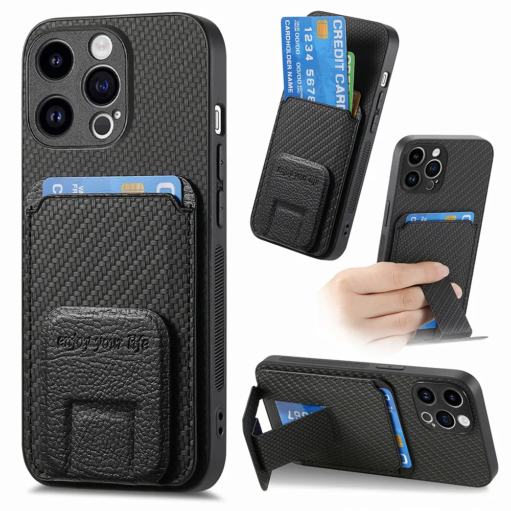 Funda de teléfono con soporte de billetera magnética de cuero de lujo para iPhone 15 14 13 12 11 Pro Max funda de teléfono de bolsillo de fibra de carbono