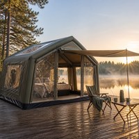 Tente Cabine Gonflable Vert Foncé 16 m² 3.2x5x2.3m avec Porte TPU, 2 Pièces, Mélange Coton 210G, Tente Gonflable pour 7-10 Personnes, Glamping Familial