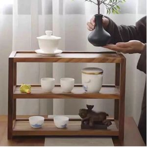 Walnut wood tea set storage rack, solid wood three-tier <b>shelf</b>, <b>desktop</b> living room decoration, antique display <b>shelf</b>, teapot - Product Image 3