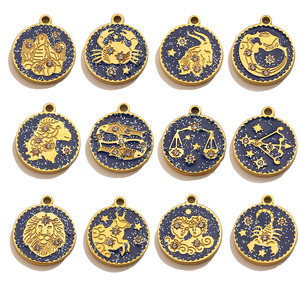 Nuevos Colgantes Geométricos Redondos de Moda en Oro de 18k, Dijes de Acero Inoxidable con Esmalte por Goteo DIY de los 12 Signos del Zodíaco para Collar y Pulsera - Product Image 1