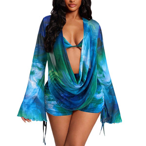 Traje de baño de tres piezas para mujer, estilo bikini, con blusa de manga larga con cordones y estampado sexy, y bóxers ajustados, estilo europeo-<span class=keywords><strong>americano</strong></span> transfronterizo. - Product Image 5