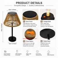 Lampe de table LED solaire USB à double charge, rechargeable, avec capteur, abat-jour noir, en rotin, étanche IP54, pour projets de mariage