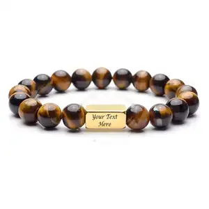 Inspire jewelry Engraving Name 3D bracelet Customized Natural Tiger's Eye bead Bracelet initial symbol Unique Gift