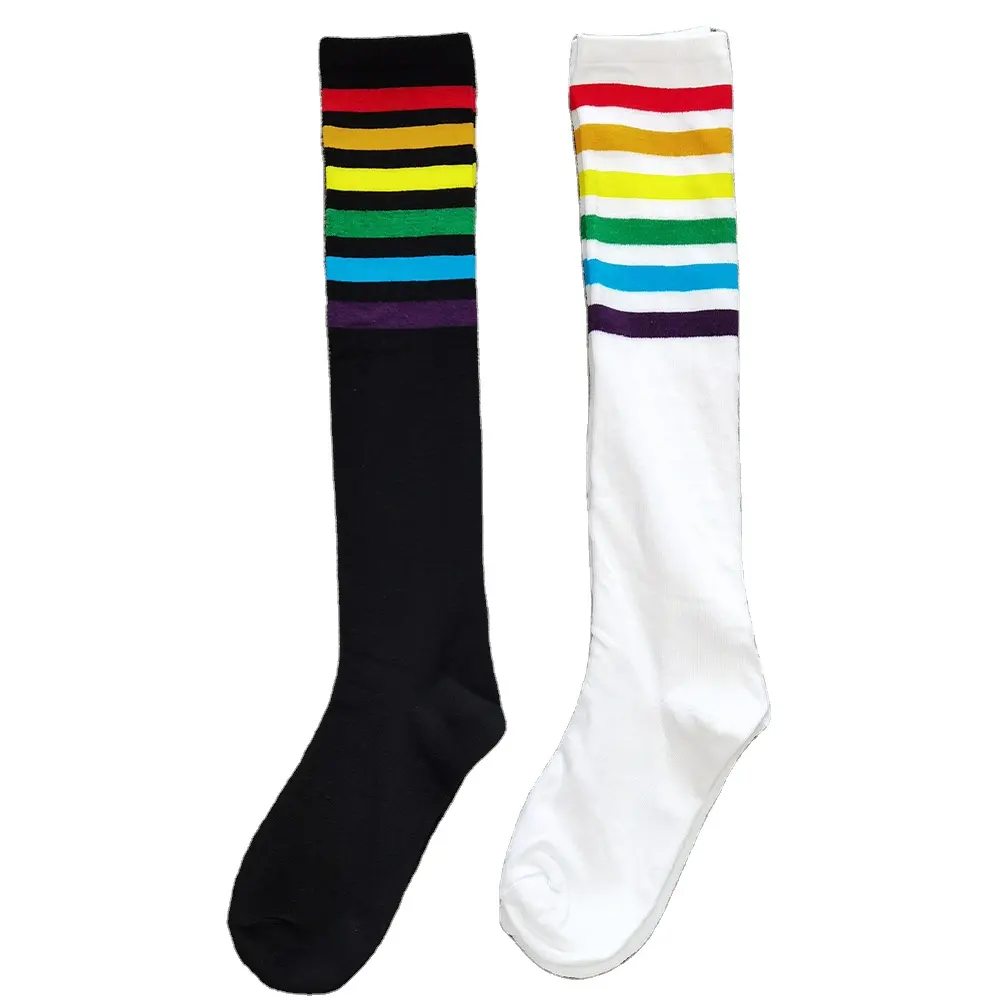 Women Rainbow Knee Cotton Sock soft girls Long Thigh Striped Stockings Long Striped Socks Sexy Students Over Knee High Socks