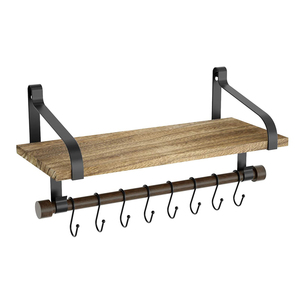 2021 designer rustic display wood and metal nordic home kitchen storage rack organizer wall mounted shelf wtih hooks