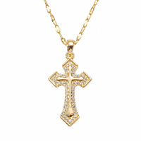 Elegante Collar de Dos Niveles con Cruz en Tono Dorado, con Circonitas Cúbicas Redondas Engastadas, Joyería de Estilo Religioso para Fiestas, Uso Diario o Regalo