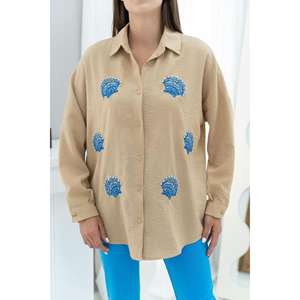 Chemise en lin boutonnée pour femme Visa avec broderie coquillage, tenue décontractée pour tous les jours - Product Image 1