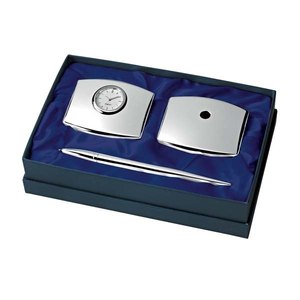 Set da scrivania con portapenne e orologio, finitura argento, in confezione regalo - Product Image 1