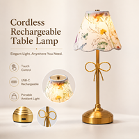 Lámpara de Mesa LED Recargable Inalámbrica con Decoración de Lazo y Pantalla Floral Dorada, para Iluminación Ambiental en Dormitorios y Salas de Estar, Venta al Por Mayor