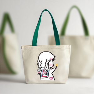 Cartoon Girl Printed Canvas Tote <b>Bag</b> Green Handle Eco-Friendly <b>Recyclable</b> Reusable Shopping <b>Bag</b> for Students Daily Use - Product Image 2