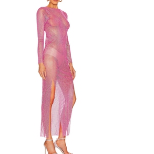 Sexy da donna a maglia diamantata trasparente abiti scintillanti di strass di lusso impreziositi Maxi abito trasparente in rosa di fabbrica OEM - Product Image 3