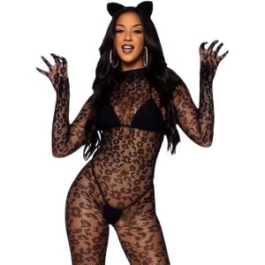 Leopard Print Mesh Bodysuit Women 0D Ultra Thin See Through Sexy Lingerie With Gloves And Stockings All In One Piece - Product Image 5
