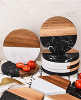 Sous-verres et dessous de plat ronds en marbre noir et bois, élégants et luxueux, résistants à la chaleur, pour boissons chaudes et protection de table