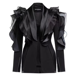 Abito da donna nero traspirante con patchwork in <span class=keywords><strong>pizzo</strong></span> 3D, colletto a scialle asimmetrico e maniche lunghe. - Product Image 1