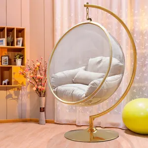 Cadeira de bolha acrílica de pendurar, cadeira moderna contemporânea transparente de acrílico transparente com base de metal dourado e assento de tecido durável