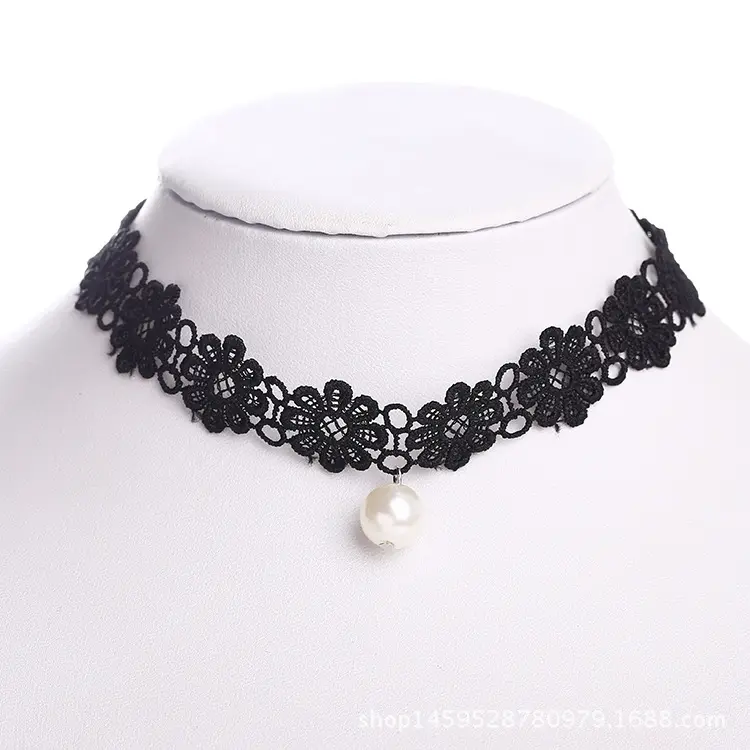 Hot Selling Vintage Black Lace Velvet Necklace Chokers Black Lace Pearl pendant Charm Choker Women Necklace