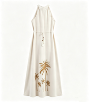 Robe midi à col halter imprimé cocotier pour femme, sans manches, avec ceinture à pompons, robe de plage bohème pour les vacances d'été, logo personnalisé
