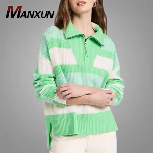 Customized Turtleneck Partial Zip Placket Sweaters Long Sleeves Ribbed Cuffs Stripe Pattern Women Blouse Split Ladies Blouses