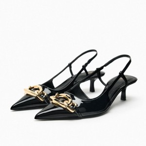 Chaussures pour femmes très vendues, noir beige, décoration chaîne, talon chaton, bout pointu, <span class=keywords><strong>mules</strong></span> à bride, escarpins à talon bas pour femmes - Product Image 1