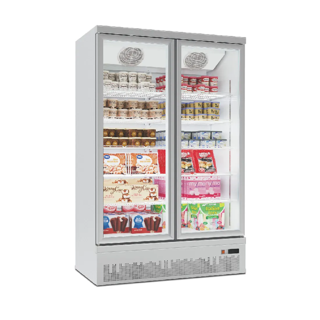 Sistem Pendingin Atas Freezer Vertikal Supermarket Dua Pintu Kaca Freezer untuk Toko Belanja