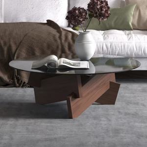 Table basse ronde moderne pour salon, table basse en bois massif avec plateau en verre noir, petite table basse - Product Image 5