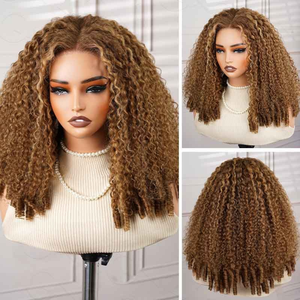 Perruques en cheveux humains bouclés birmans blonds avec mèches, densité 250 %, sans colle, avec closure en dentelle pré-découpée 5x5, vente en gros - Product Image 2