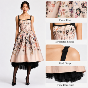 Abito Personalizzato da Donna, Abbigliamento su Misura, Vestito Estivo <span class=keywords><strong>Midi</strong></span> con Corsetto Ricamato <span class=keywords><strong>a</strong></span> <span class=keywords><strong>Fiori</strong></span> Rosa per Feste - Product Image 3
