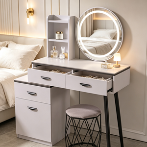 Modern <b>Makeup</b> <b>Vanity</b> With Lighted <b>Mirror</b> Storage Drawers Bedroom Dressing Table With Stool - Product Image 5