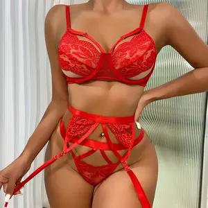 Sâu Tình Yêu 3 Cái Ren Đỏ Phụ Nữ Trẻ Sexy Net Bra Và Panty Set Cho Phụ Nữ