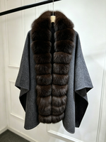 Janveny 2026 Manteau Poncho de Luxe Hiver Double Face en Cachemire Mélangé pour Femme, Veste Chaudes en Fourrure Naturelle Véritable avec Grand Col en Fourrure, Cape et Manteau en Fourrure