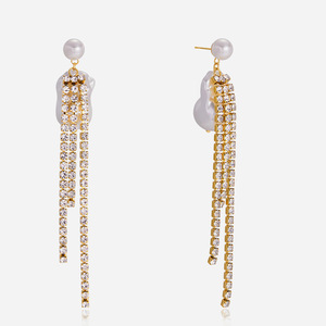 <b>Tassel</b> Drop <b>Earrings</b> With Pearl And Rhinestone Chain Gold Plated For Party Fashion Jewelry - Product Image 1