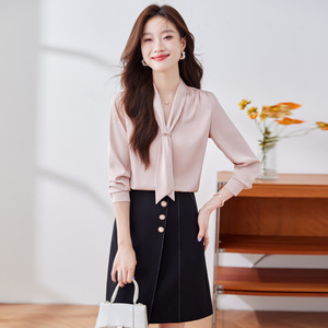 Women's Chiffon Blouse With Ribbon Tie Long Sleeve Work Shirt Elegant Office Wear - Product Image 1