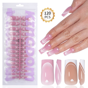 Vente en gros de 120 faux <span class=keywords><strong>ongles</strong></span> carrés français, pointes en gel souple, design cœur brun rose, <span class=keywords><strong>ongles</strong></span> à presser, pointes françaises - Product Image 1