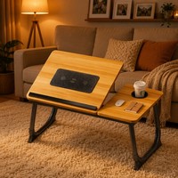 Table de lit pliable avec ventilateur de refroidissement intégré, plateau pour ordinateur portable en bois, double ventilateurs USB, hauteur réglable sur 5 niveaux, portable pour lit, canapé, petit appartement