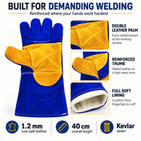 Gants de soudage personnalisés en cuir de vachette fendu CE EN 12477 Type A résistants à la chaleur avec paume double renforcée et manchette longue – Vente en gros