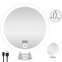 Miroir de maquillage 30X grossissant 15 cm, 3 modes de couleur, lumière à intensité variable, miroir de voyage rechargeable, 3 ventouses, support de table rotatif à 360°