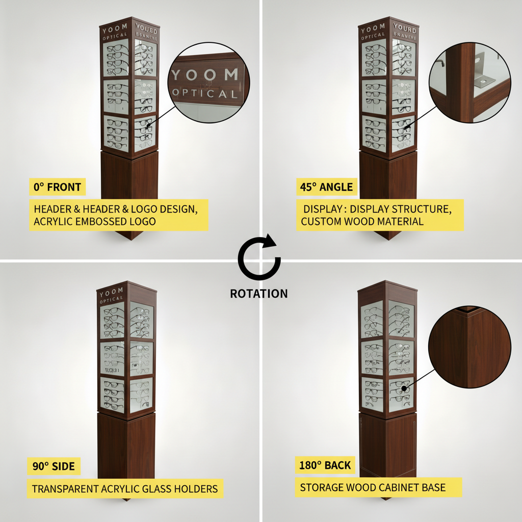 Custom Wooden 4-sides Rotating Sunglasses Display Stand Holders Spectacle Eyeglass Accessory Stand for Retail Store — view 3