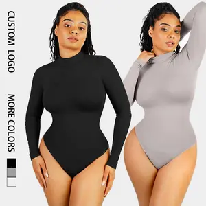 New Design 2023 Black Turtle Neck Long Sleeve Tong Bodysuit Daily Wear High Elastic Slimming Body Shaper Sexy For Women