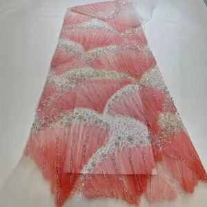 2025 Nigeria rojo guipur cuentas encaje bordado tela lentejuelas perlas trama punto Aso Ebi para boda Africana bordado - Product Image 1