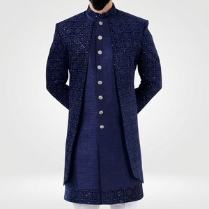 NAVY BLUE DESIGNER INDO WESTERN SHERWANI,SHRUG and <b>PANT</b> GROOM WITH EMBELLISHED DABKA,STONE WORK for WEDDING/PARTY-WEAR=2024 - Product Image 4