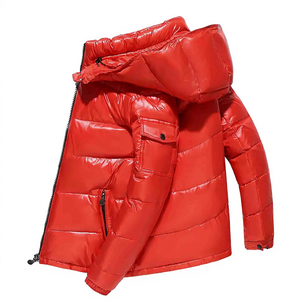 Men's <b>Red</b> <b>Hooded</b> Puffer <b>Jacket</b> Stand Collar Zipper Closure Windproof Casual Winter Down Filled Polyester Shell - Product Image 2