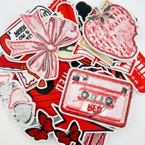 Iron on <b>Red</b> Series Embroidered Cool Girl Style Heart Phone <b>Bow</b> Capsule Strawberry Card Patch for Clothing Accessories - Product Image 3
